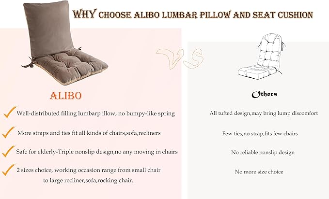 Office/Dining Kitchen Chair Soft Nonslip Lumbar Support Pillow Low Back Pain Relief Backrest with Adjustable Straps and Ties,Tufted Seat Cushion for Recliner,Wood/Rocking Chair.