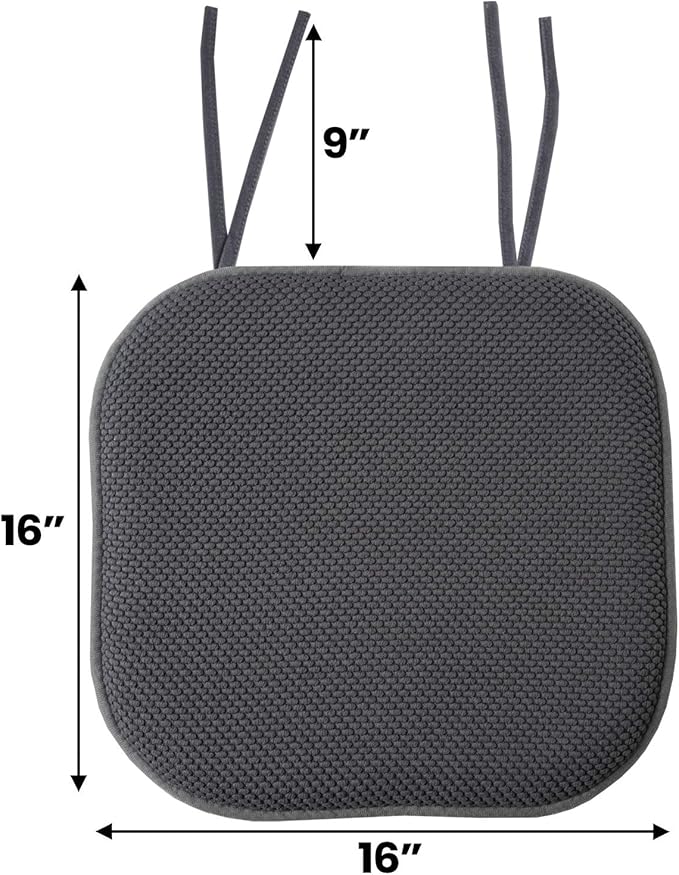 Sweet Home Collection Chair Cushion Memory Foam Pads with Ties Honeycomb Pattern Slip Non Skid Rubber Back Rounded Square 16" x 16" Seat Cover, 6 Pack, Charcoal Gray 6 Pack