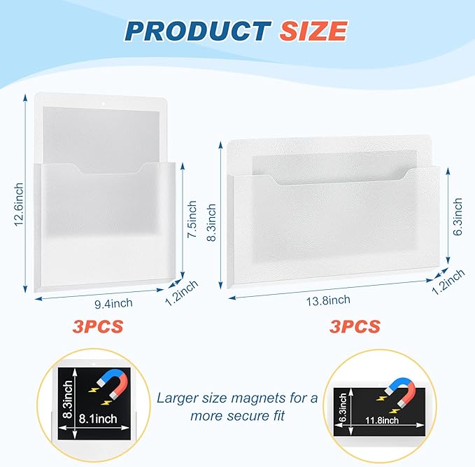 Fuutreo 6 Pcs Magnetic Wall File Organizer Magnetic Wall File Holder Refrigerator Magazine Holder for Mail Letters Paper(Clear,Horizontal & Vertical)
