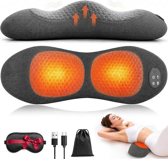 Upgraded Cordless Lumbar Support Pillow for Pain Relief Deep Tissue, 3-in-1 Heated Lower Back Massager Pillow with 3000mAh Battery, Heat, Massage, Electric Stretch, Back Support Pillow for Chair Car