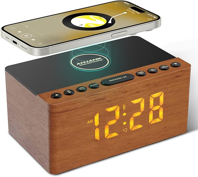 ANJANK Wooden Bluetooth Speaker, Alarm Clock with FM Radio, Qi Certified Fast Wireless Charging Station for iPhone/Samsung, USB Charger Port, Dimmable Display, Digital Wood Clock for Bedroom, Bedside