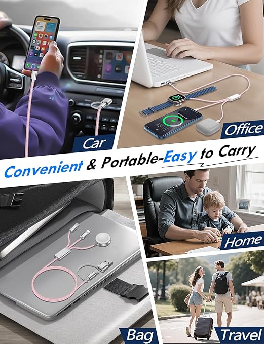 1Pack Multi Charging Cable Cord for Travel Essentials,Apple Watch Charger,iPhone Charger,[3-in-2] Type C/Lightning Cable Portable Designed for iWatch,iPhone 17-8,Galaxy S25-21,AirPods,iPad-1.5M Pink