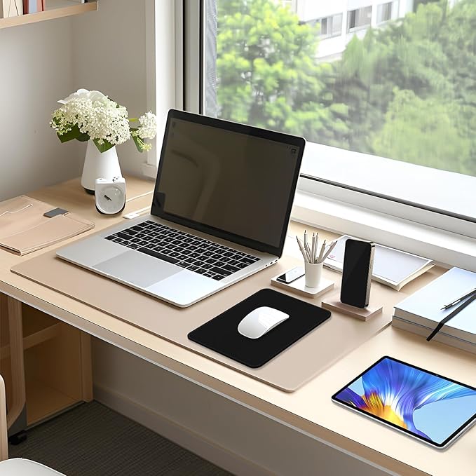 Leather Mouse Pad, Office Mouse Mat Non-Slip Rubber Base Stitched Edge Washable Waterproof Rectangular Mousepad for Office Gaming PC Laptop, 9.8" x 7.9", Black