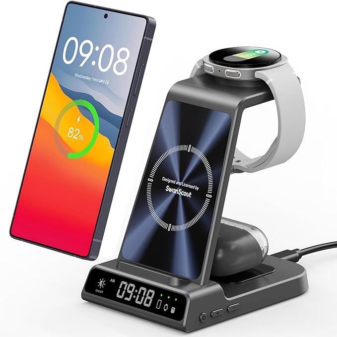 Wireless Charger for Samsung S26 Ultra/S26+, Wireless Charging Station for Galaxy S25 Ultra/S25+/S25/Z Flip7/Z Fold/S24/S23/S22, for Galaxy Watch 8/8 Classic/7/Ultra/6/5, Galaxy Buds4 Pro (No Adapter)