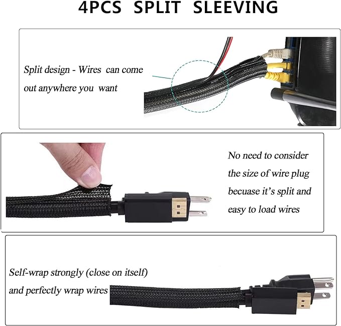 311Pcs Cable Management Organizer Kit 4 Cable Sleeve Split,53Cable Clips 12Cord Clips Holder,22 Cable Ties, 20 Adhesive Wall Cable Tie, 200Fasten Cable Ties for TV Office Home Electronics