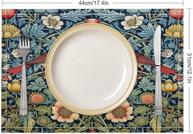 William Morris Bird Placemats Retro Bird Elegant Animal Pattern Linen Washable Table Mats Stain Heat-Resistant Desktop Decor Place Mats for Home Kitchen Dining Party 12x18 in 6 PCS