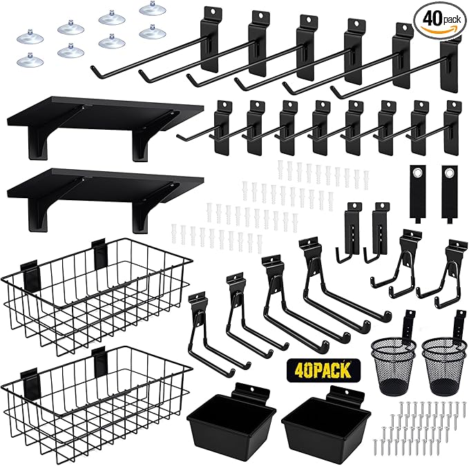 40PCS Slatwall Accessories Organizer Kit with Slatwall Hooks, Shelves, Baskets, Bins, Cups & Straps, Includes Mounting Screws – Heavy Duty Wall Storage Set for Garage, Workshop & Utility Room