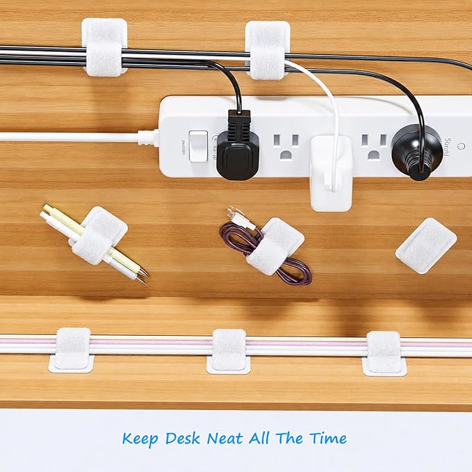 Under Desk Cable Management Set - 20 Pair Adjustable Hook and Loop Cable Ties with Adhesive Backing + 100 Pack 6 Inch Zip Ties, Complete Cord Organizer Kit for Home Office Desk Wire Management (White)