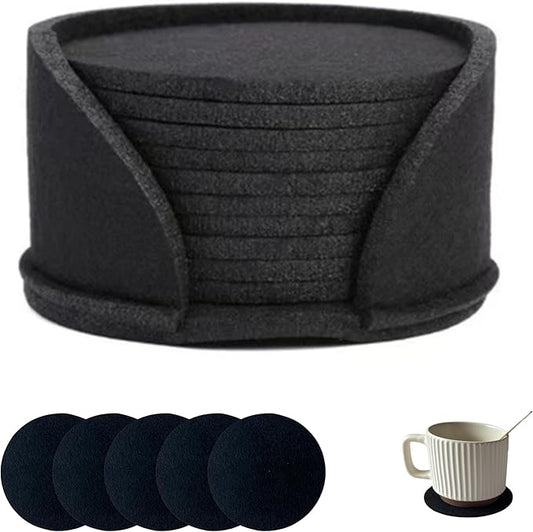 10 Pcs Felt Coasters with Holder, Coasters for Drinks Absorbent, Cup Mat Desk Coaster for Drinks Bar Home Coffee Table Decor Heat Resistant Tabletop Protection, 4Inch (Black)