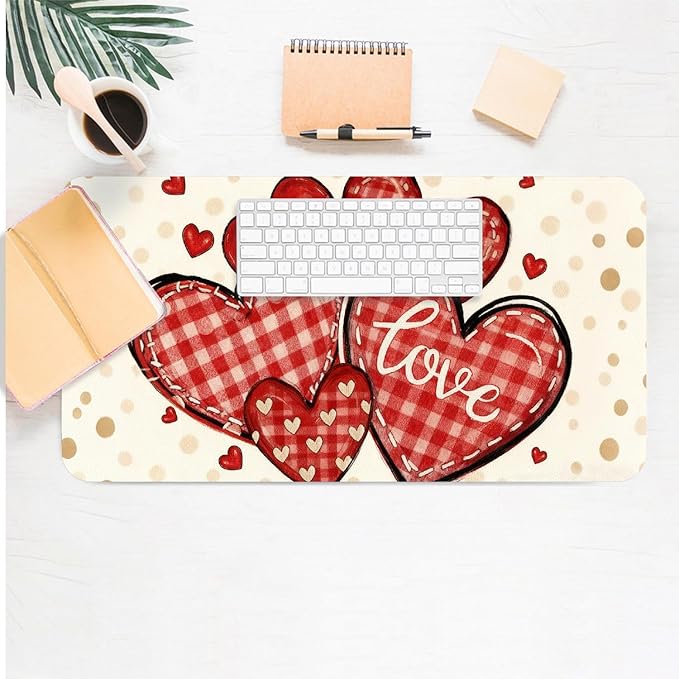 Valentine Desk Mat, Beige Checked Heart Large Mouse Pad for Desktop, PU Leather Waterproof Desk Pad, Computer PC Laptop Protector Gaming Mouse Pads Valentine's Day Gifts for Her Him (23.6" x 11.8")
