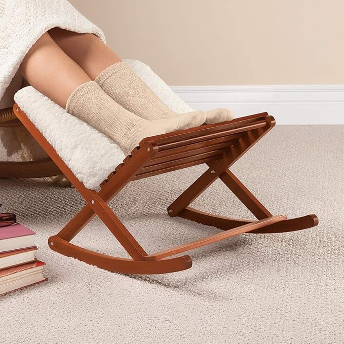 Deluxe Foldable Rocking Footrest, Adjustable Fold-Away Foot Stool with Sherpa Cushion