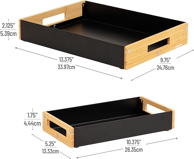 Mind Reader Metal and Wood Tiered Desktop Organizer Trays with Cutout Handles, Stackable Office Storage, Office, Entryway, Coffee Station and Home Organization, Metal and Wood, Set of 2, Black