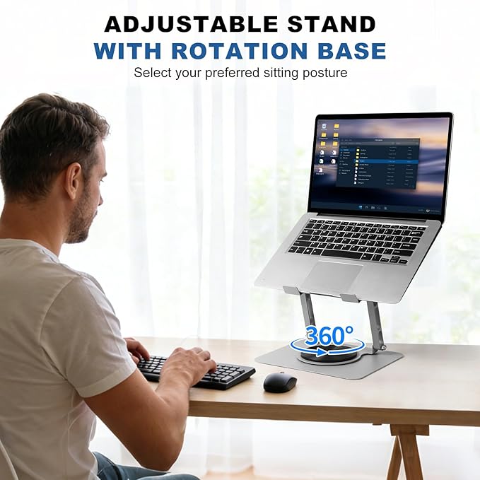 Laptop Cooling Pad with Detachable Fan & Cooler,Adjustable Height & Angle,360 Rotation Base, Ergonomic Carbon Steel Laptop Cooling Pad for MacBook,Dell 10-17.3” Laptop for Tablet(Silver)