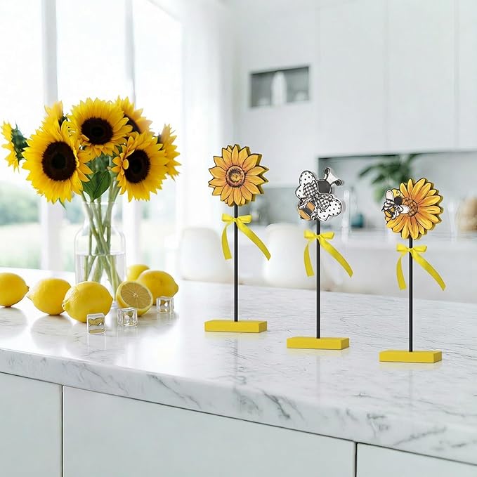 Smile 3 Pcs Wooden Decor Summer Indoor Decorations, Sunflower Bee Style, Summer Table Centerpieces for Home Kitchen Seasonal Display