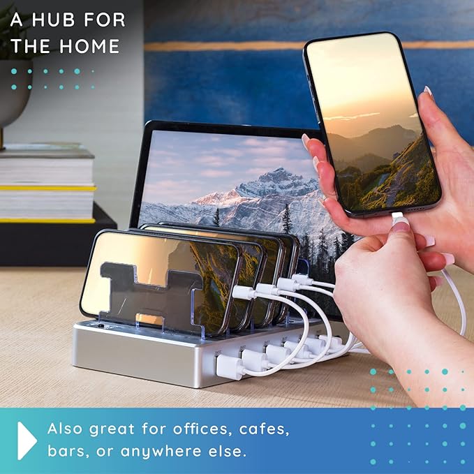 Charging Station for Multiple Devices – 6-Port USB Charging Dock for Apple & Android – Fast Multi-Charger Organizer for Phones, Tablets & More (Silver)