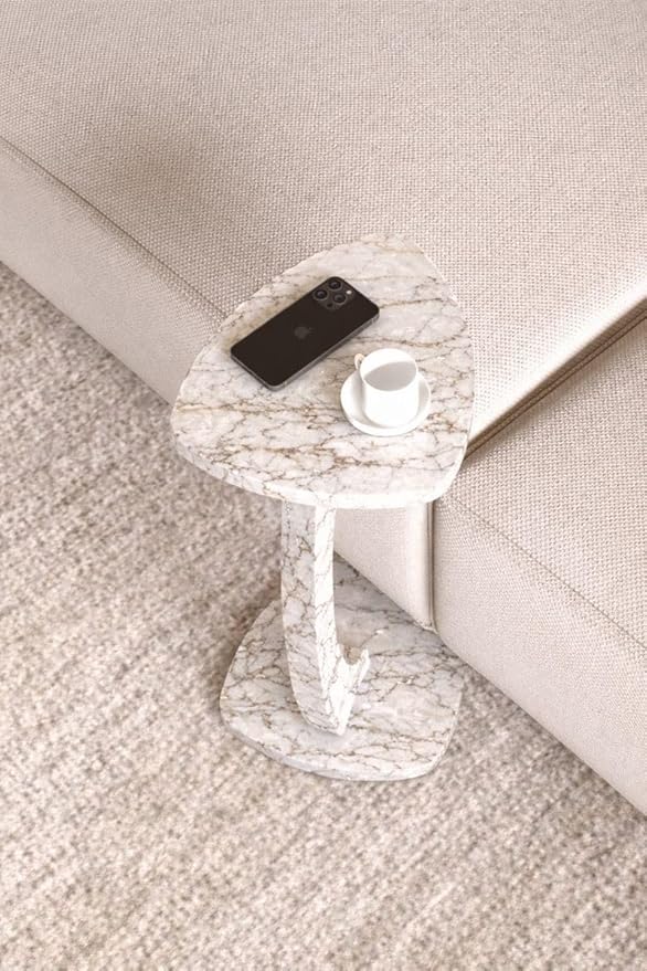 C Shaped Triangular Top Table for Couch Small Places, Space Saver Sheild Top Side Table for Sofa and Bedside with Wheels, Coffee and Eating Snack for Living Room, Office (White Marble)