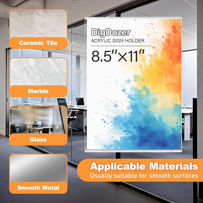 6 Pcs Acrylic Sign Holder 8.5 x 11, Vertical Wall Mount Sign Holders with Adhesive, Clear Plastic Frames Paper Display Sign Holders for Office, Home, Store, Restaurant - No Drilling