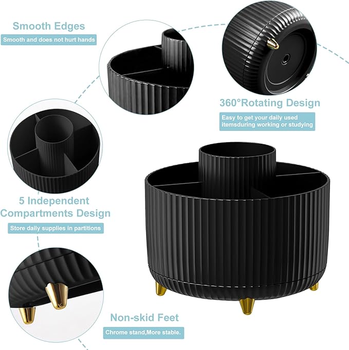 Cayxenful Pencil Holder For Desk,5 Slots 360°Degree Rotating Desk Organizers And Accessories,Desktop Storage Stationery Supplies Organizer, Cute Pencil Cup Pot For Office, School, Home (H-Black)