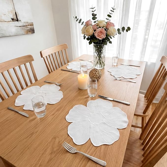 Moukeren Set of 6 Elegant Floral Placemat 16'' Flower Shaped Place Mat Flower Embroidery Table Mat for Wedding Bridal Shower Baby Shower Tea Party Kitchen Dining Table Decor(White)