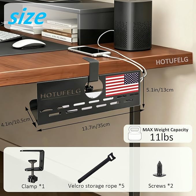 Under-Desk Cable Management Tray No-Drill, 13.7 inch/35 cm Cable Manager with Clamp Mount, Desktop Power Cord Concealment for Office and Computer Desktop Power Cord Management(with Flag 1 Piece Set)