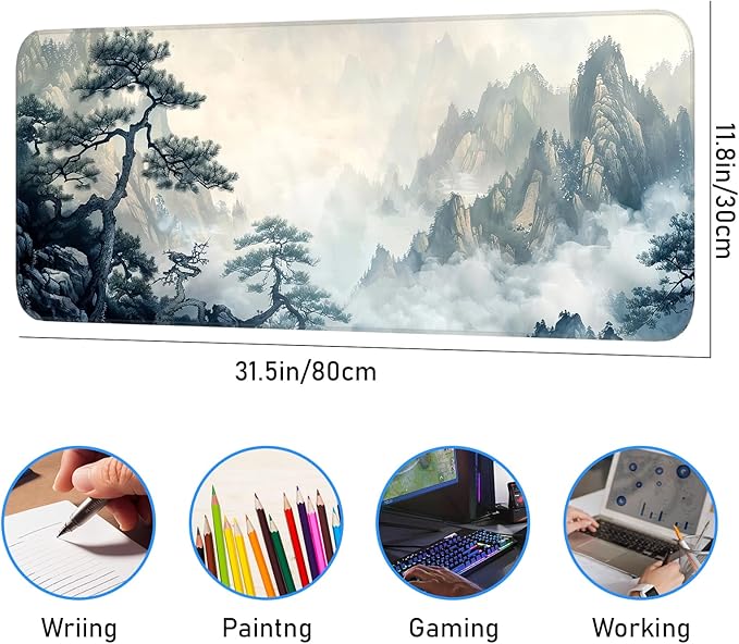 Gaming Mouse Pad, Non-Slip Rubber Base, Enlarged Mouse Pad with Stitching for Gaming, Office and Home, 31.5x11.8 Inch, Mountain Ink Painting