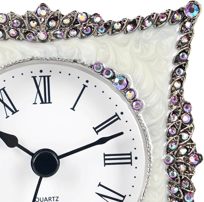 NIKKY HOME Crystal Elegant Small Quartz Analog Table Clock with Rosy Rhinestone Non-Alarm Desk Clock 3.5 by 1.5 by 3.5 Inches, White and Pink