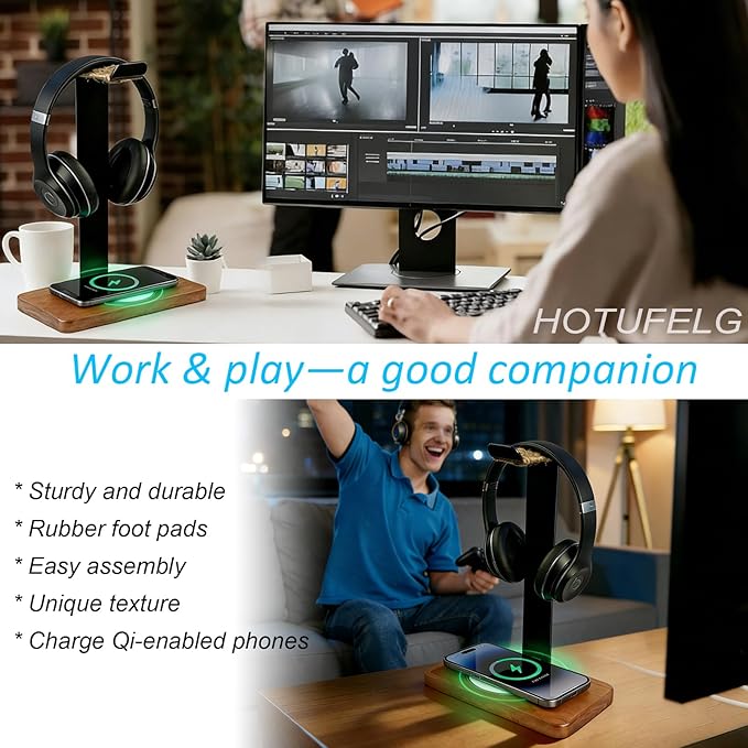 Handmade Wood Headset Stand with 15W Wireless Charging Pad- QI Wireless Charging Dock Compatible with iPhone 17/16/15/14 /Samsung Series,2-in-1 Universal Holder for All Table Headphones