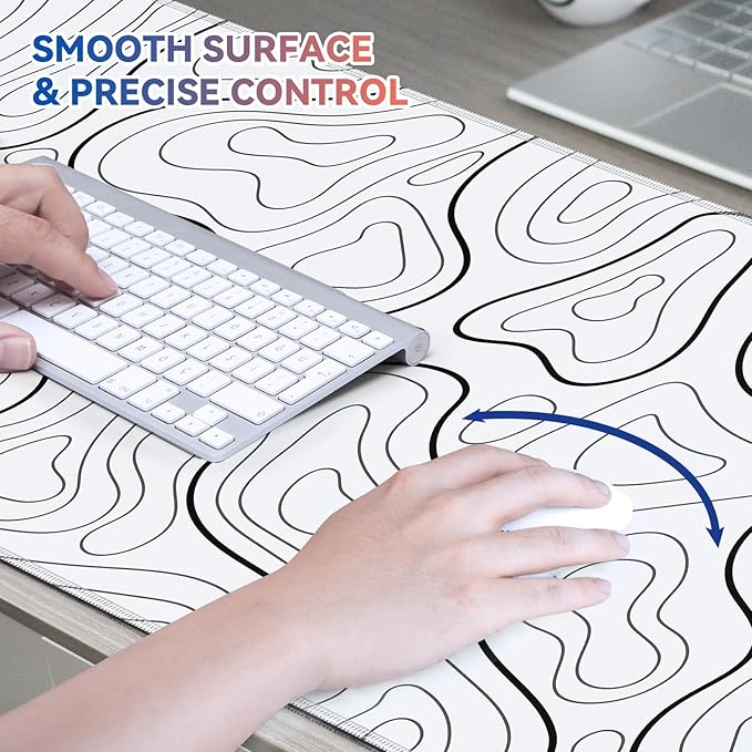 Gaming Mouse Pad Big Mousepad with Non-Slip Rubber Base, 31.5 x 11.8 in XL Large Desk Mat for Gaming Home Office, Long Keyboard Pad Mouse Mat for Computer with Stitched Edges, White Topographic