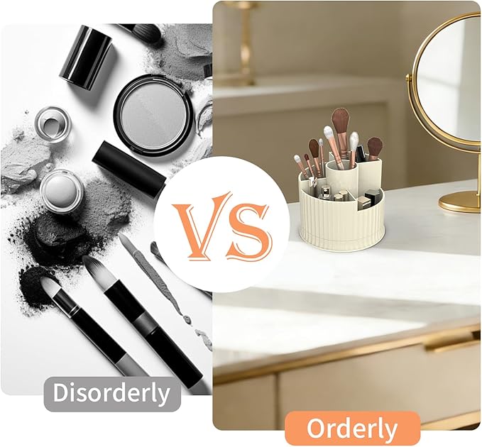 360° Rotating Makeup Brush Holder Organizer, 5 Slot Make up Brushes Cup for Cosmetics, Nail Polish, Art Supply, Skincare, Perfume, Bathroom Vanity Desktop Organizer - Creamy white