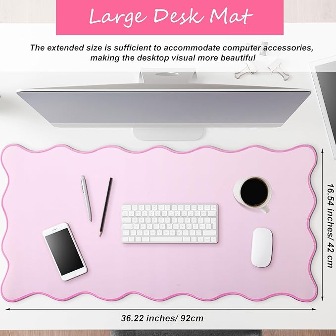 Hahafelt Scalloped Desk Mat Large Desk Pad Cute Coquette Table Mat Aesthetic Preppy Table Make up Pad Nonslip 2026 Graduation Gift with Stitching Waterproof Gaming(Pink,36 x 17 Inches)