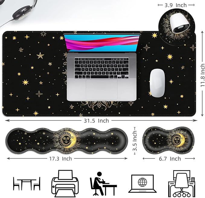 Ergonomic Mouse Pad Set with Wrist Support for Keyboard and Wrist Rest for Mouse, Memory Foam Comfort, Non-Slip Large Desk Mat for Home Office Pain Relief,Sun Moon Star