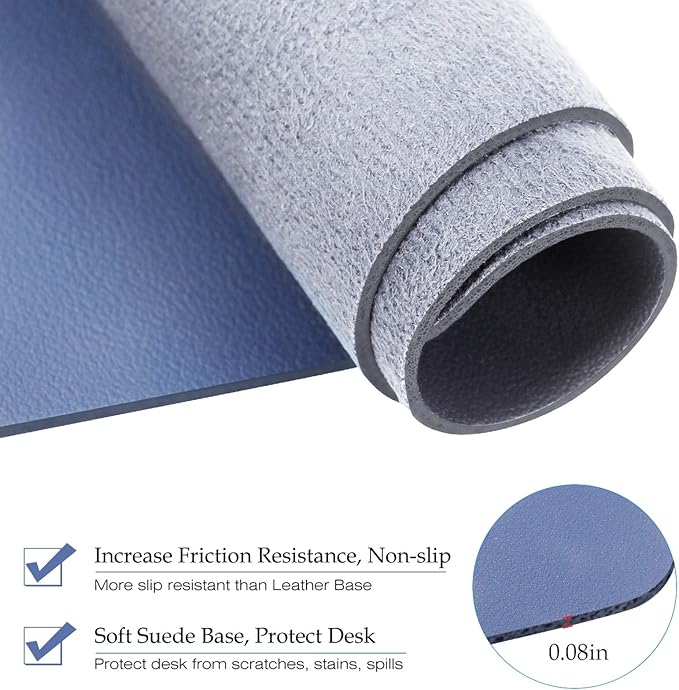 TOWWI PU Leather Desk Pad with Suede Base, Multi-Color Non-Slip Mouse Pad, 24” x 14” Waterproof Desk Writing Mat, Large Desk Blotter Protector(Gray-Blue)