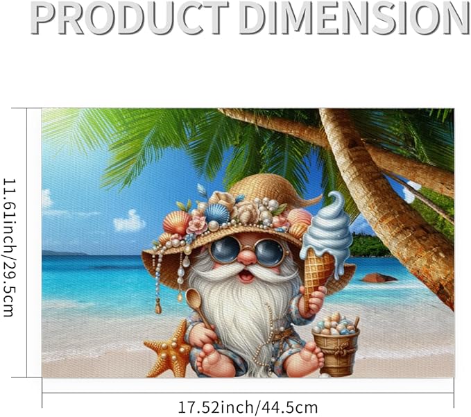 Placemats Set of 4 Heat-Resistant Rectangle Place Mats Beach Palm Gnomes Cute Washable Plastic PVC Dining Table Mat Non-Slip Wipeable Woven Vinyl Placemat for Kitchen Patio Table Decor