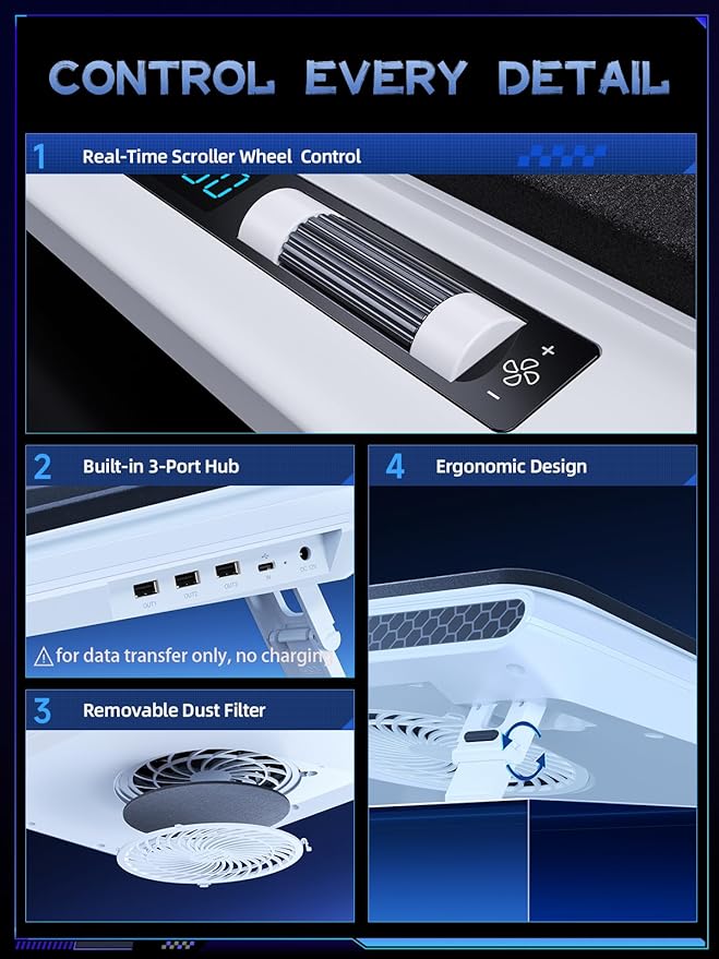 llano V12 Laptop Cooling Pad with 5.5" Turbofan – High-Speed Cooling for 15-19 Inch Gaming Laptops, Adjustable Speed & Touch Control, 3-Port USB Hub, with Mousepad, White (No RGB)