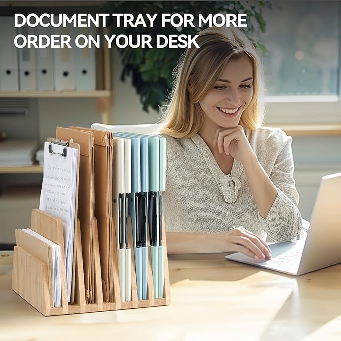 KIRIGEN Wooden Desk Mail Organizer, 7-Slot File Holder and Letter Sorter Wood Document Hlder for Mail, Folders, Bills, Papers, Home Office, Classroom, Countertop, No Assembly Natural 7KWJJ-NA