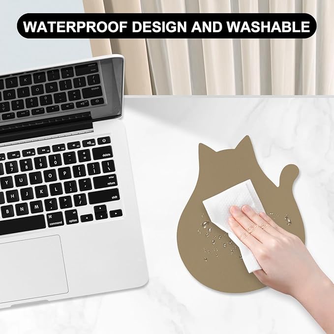 Funny Leather Mouse Pad Cute Cat Shape Office Desk Accessories Decor for Women Small Mousepad with Non-Slip Rubber Base Washable Waterproof, 9.7" x 8", Apricot
