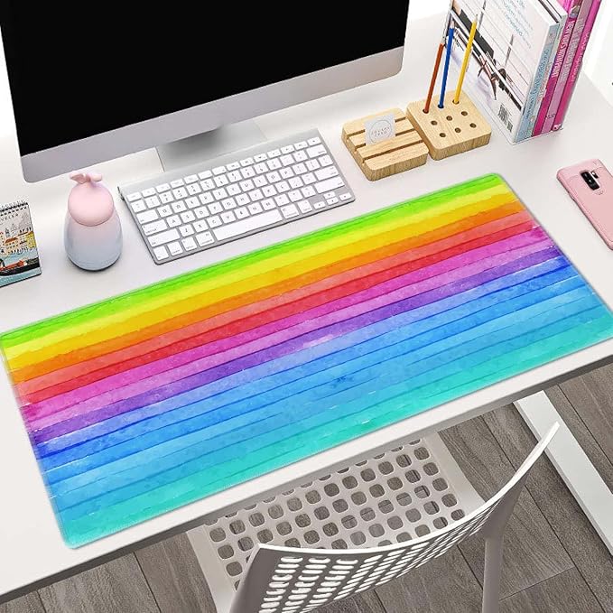 Large Gaming Mouse Pad - XL Desk Mat for Keyboard Mice - Extended Long Thin Rainbow Stripes - 31.5 x 11.8 Inch