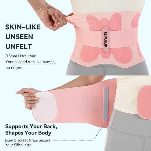 Invisible Back Brace with 0.5mm Ultra-Thin & Seamless Design Under Clothing, FUSUP Anti-Slip Lumbar Support Belt with 2 Removable & Adjustable Straps - for Low Back Pain, Back Injuries, Office, Daily Wear, Sports (Women & Men) (Pink, X-Large)