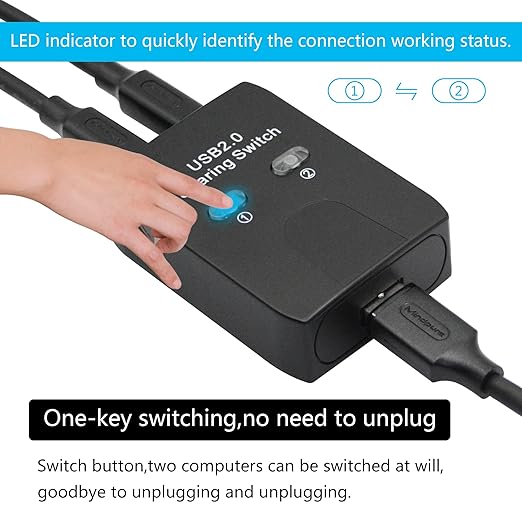 USB 2.0 Printer Sharer Switcher, USB Type B Adapter 2 in 1 Out 2 Devices Shared 1 Printer Scanner with Manual Switcher and LED Light (Including 2Pcs 4.9FT USB Printer Cables)