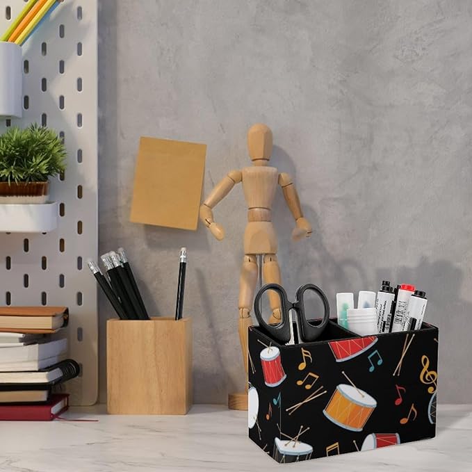 Square PU Leather Pencil Cup Black Drum Kit, Sleek Stationery Organizer for Your Workspace