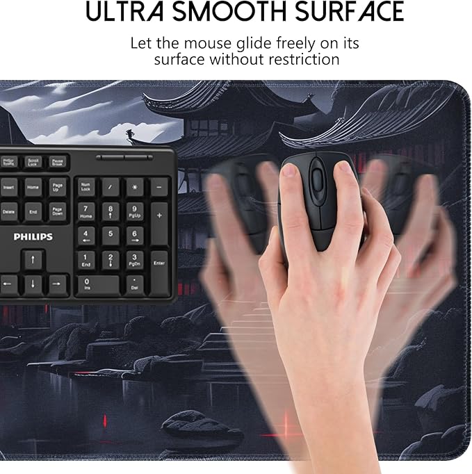 FreeNook Black Mouse Pad Gaming Keyboard Pad 35.4 x 15.7 in Computer Mouse Pad Anime Gaming Mousepad, Expanded Architecture Cool Desk Pad, Japanese Red Moon Large MousePads Suitable for Home Office