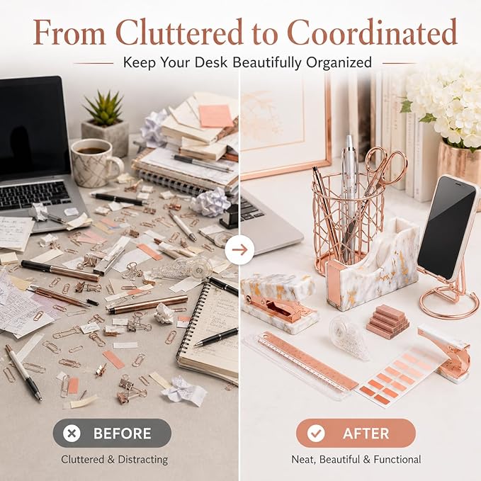 Office Desk Accessories Supplies - 14 Pcs Women Rose Gold Marble Desk Decor Set, Cute Aesthetic Office Essentials Kit, Stapler Tape Dispenser Pen Organizer, Acrylic Mini Teacher Stuff for School Home