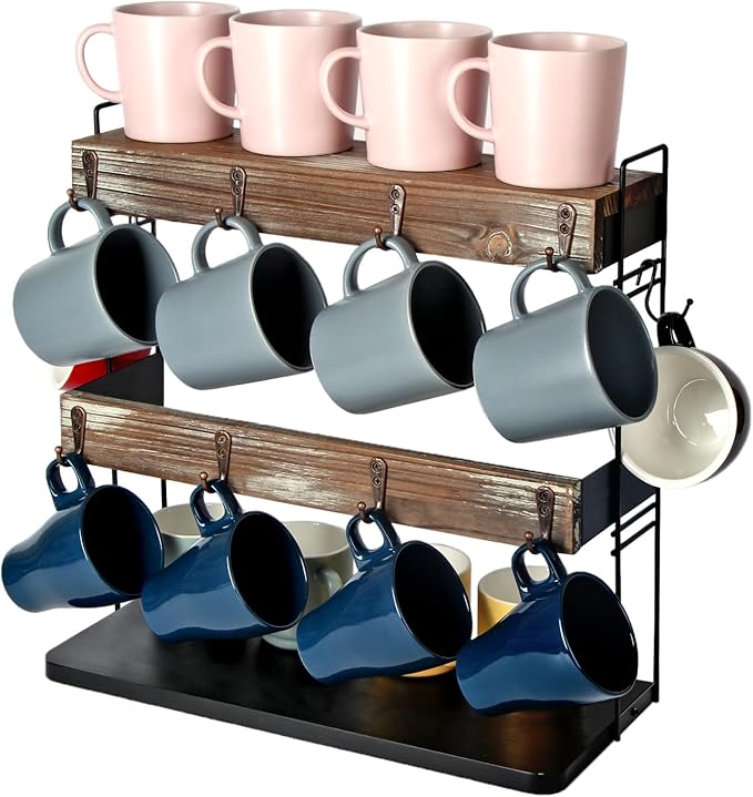 J JACKCUBE DESIGN Rustic Wooden Coffee Mug Holder – Multi-Tier Coffee Cup Holder and Mug Rack with Storage Space – Perfect for Kitchen and Countertop Organization - MK651A