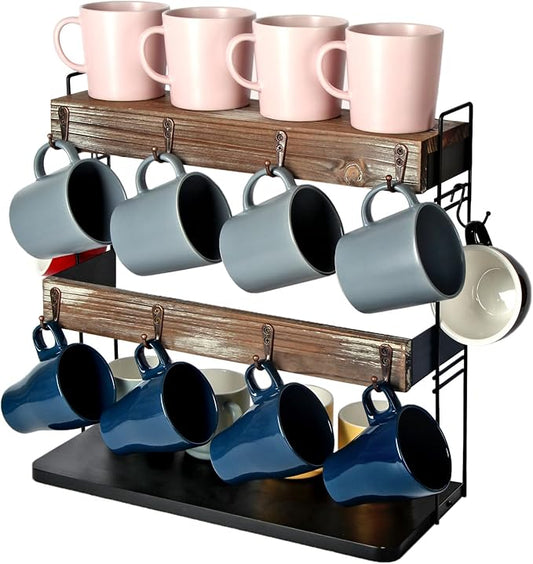 J JACKCUBE DESIGN Rustic Wooden Coffee Mug Holder – Multi-Tier Coffee Cup Holder and Mug Rack with Storage Space – Perfect for Kitchen and Countertop Organization - MK651A