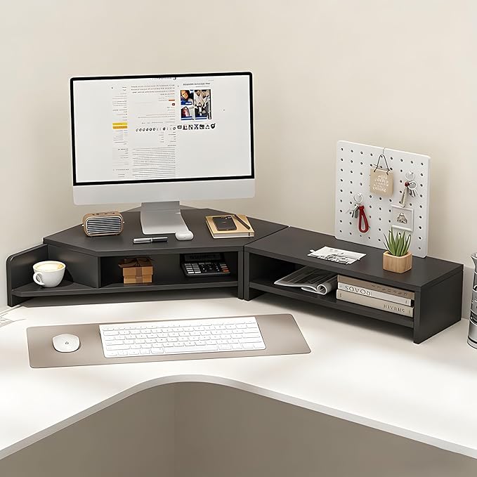 Corner Monitor Stand with Storage Space Triangle Riser Combo Desktop Corner Shelf with Cup Holder Pegboard Office Desk Accessories and Organizer for Office & Home,Black,Double Layer