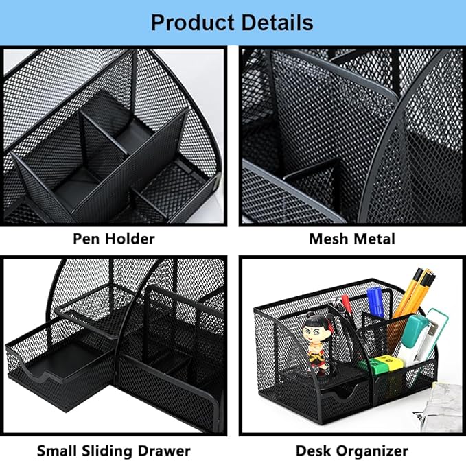 Desk Organizer Stationery Storage, Pencil Holder for Desk, Wire Mesh Office Supplies Journals Notebooks Organizers with 7 Compartments and Mini Drawer (Black)