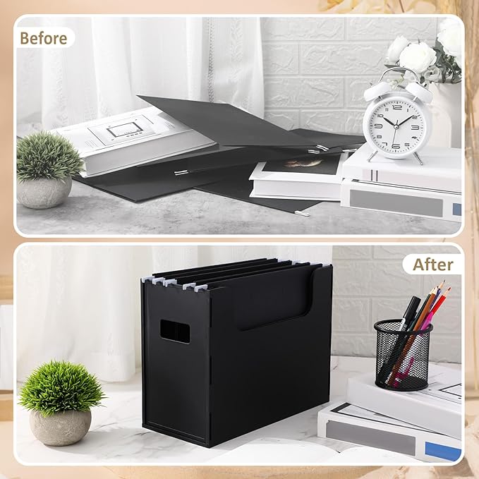 24 Portable Desktop File, Side Handles, Filing Organizer, Hanging File Folders, Letter Size for Schools Office Home (Black)