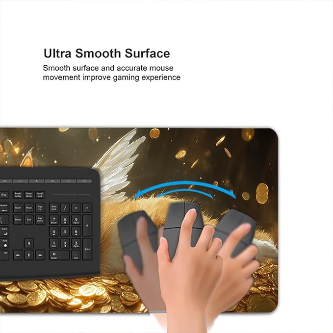 Cute Cat Desk Mat Dragon Wing Cave Gold Coin Fantasy Large Gaming Mouse Mat with Stitched Edges,Non-Slip Waterproof Rubber Base Mous Mat 31.5"x11.8" Office Computer Keyboard Laptop Home