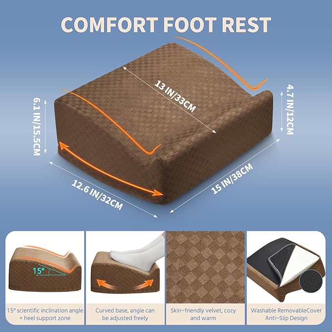 Ergonomic Foot Rest for Under Desk at Work – 15° Tilt Angle Under Desk Footrest with High-Resilience Foam, Velvet Top & Non-Slip Base, Comfortable Foot Stool for Office Chair and Home, Brown