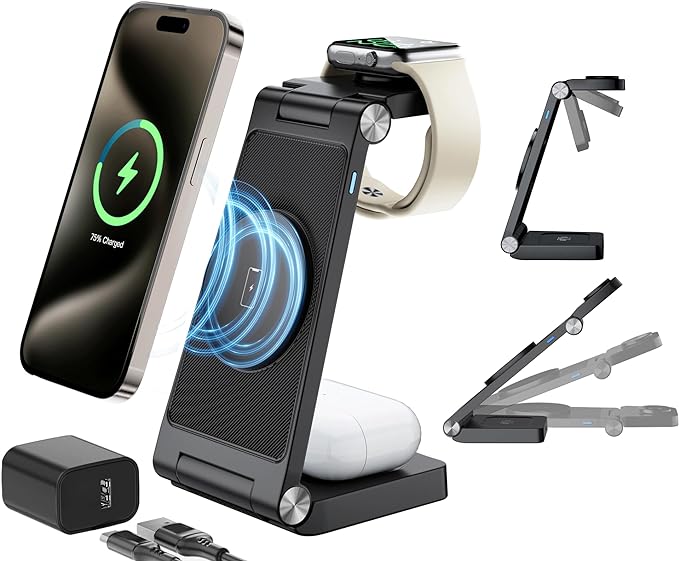 Magnetic Wireless Charging Station, 3 in 1 Fast Max Charging for iPhone 17 16 15 14 13 12 Pro Max Plus, Apple Watch, Air Pods Pro - Space-Saving Multi-Device Stand (Black)